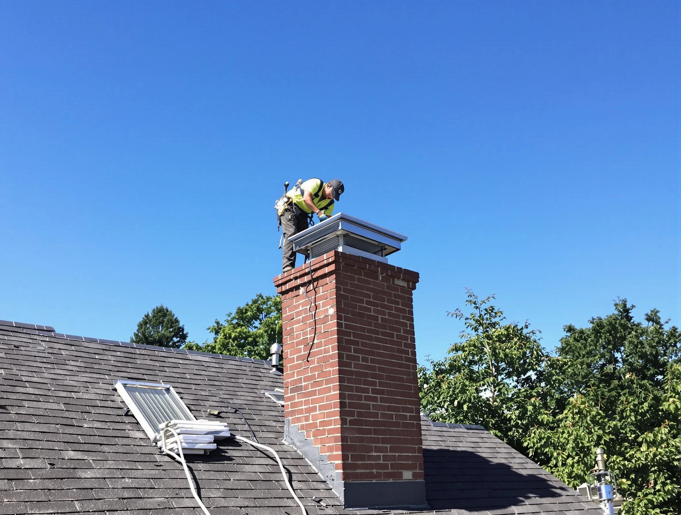 Chickasha Chimney Sweep technician measuring a chimney cap in Chickasha, OK