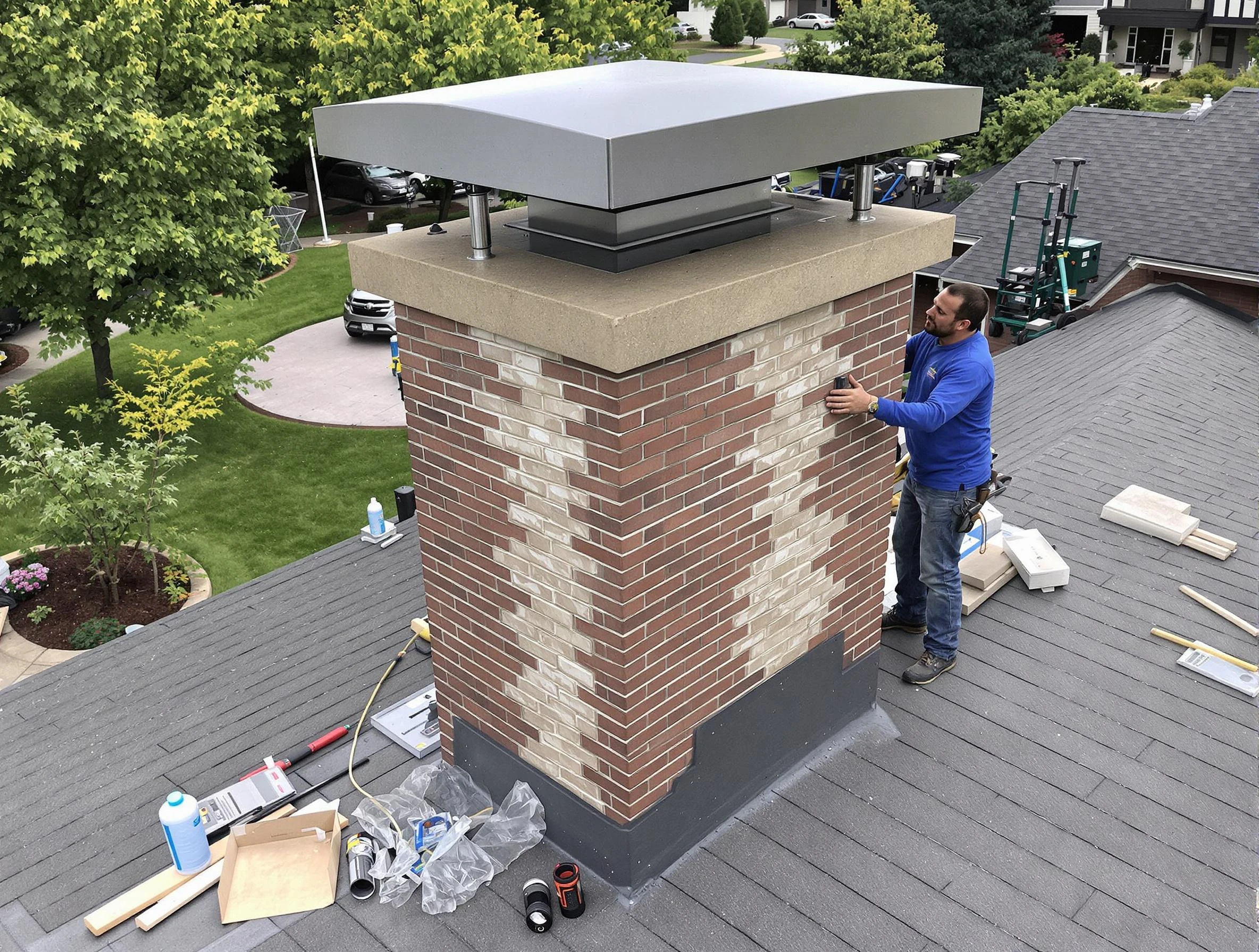 Chickasha Chimney Sweep team working on a custom chimney remodel in Chickasha, OK